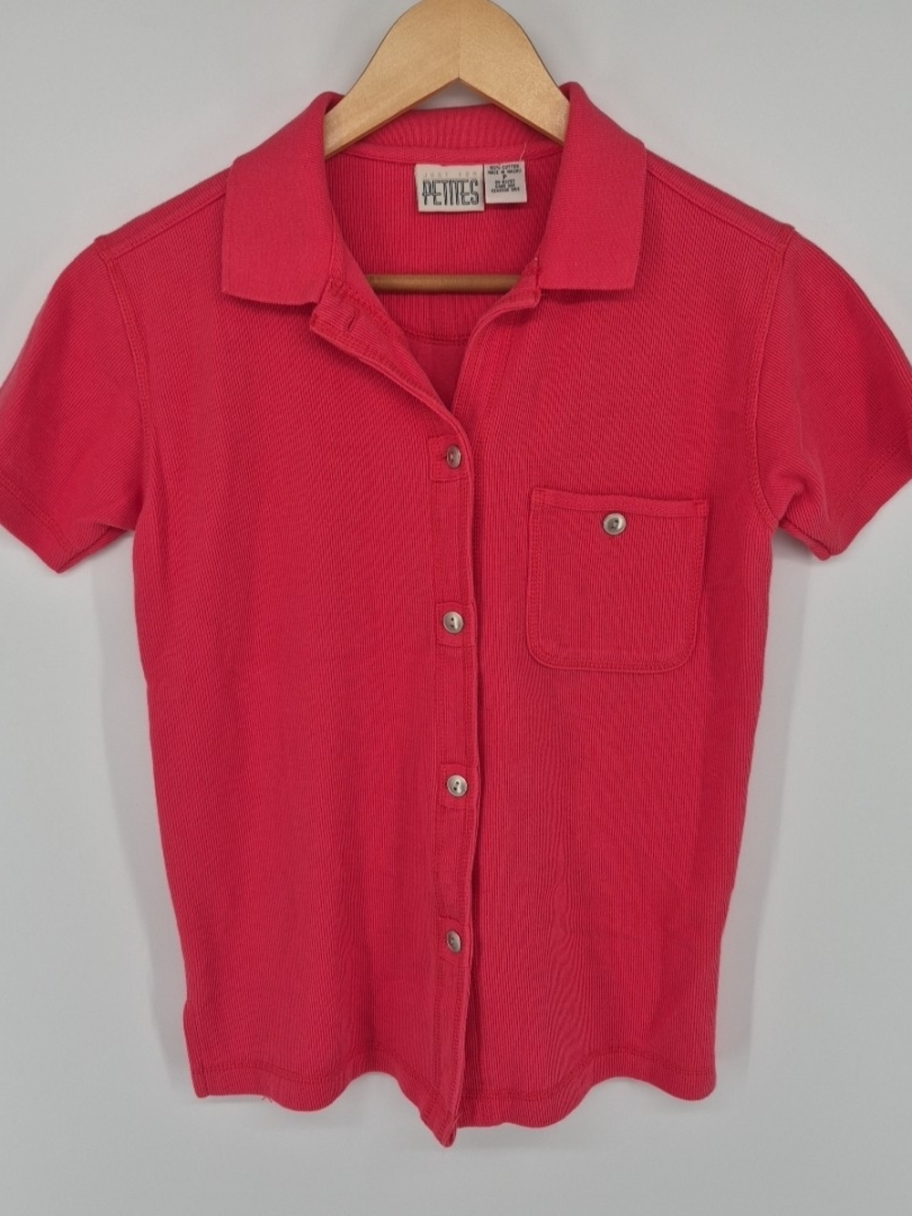 Womens Petite S Coral Red 100% Cotton Textured Short Sleeve Button Shirt Vintage